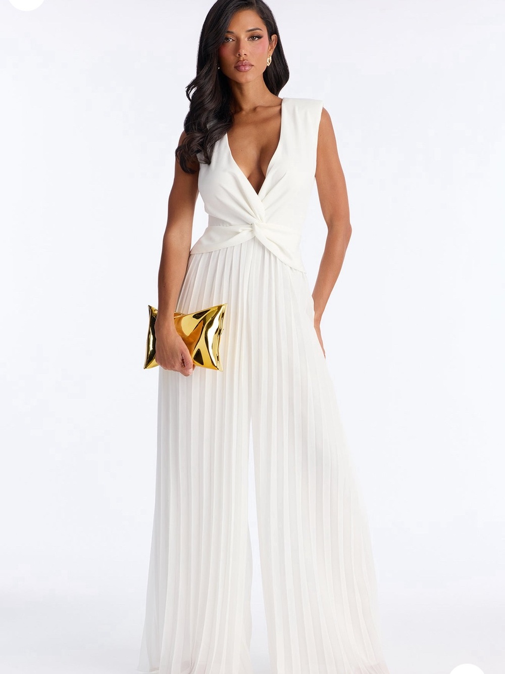 Fashion Nova - Sleeveless White Pleated Wide-Leg Jumpsuit with Black Twist Front